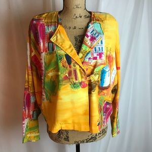 Vintage St Germaine Yellow City Scape Print Button Front Blouse Women’s S